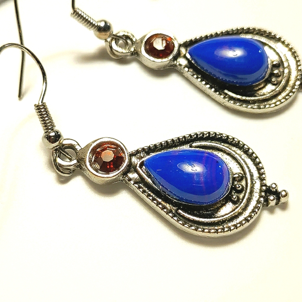 NEW Blue Bead & Orange Gem Silver Earrings